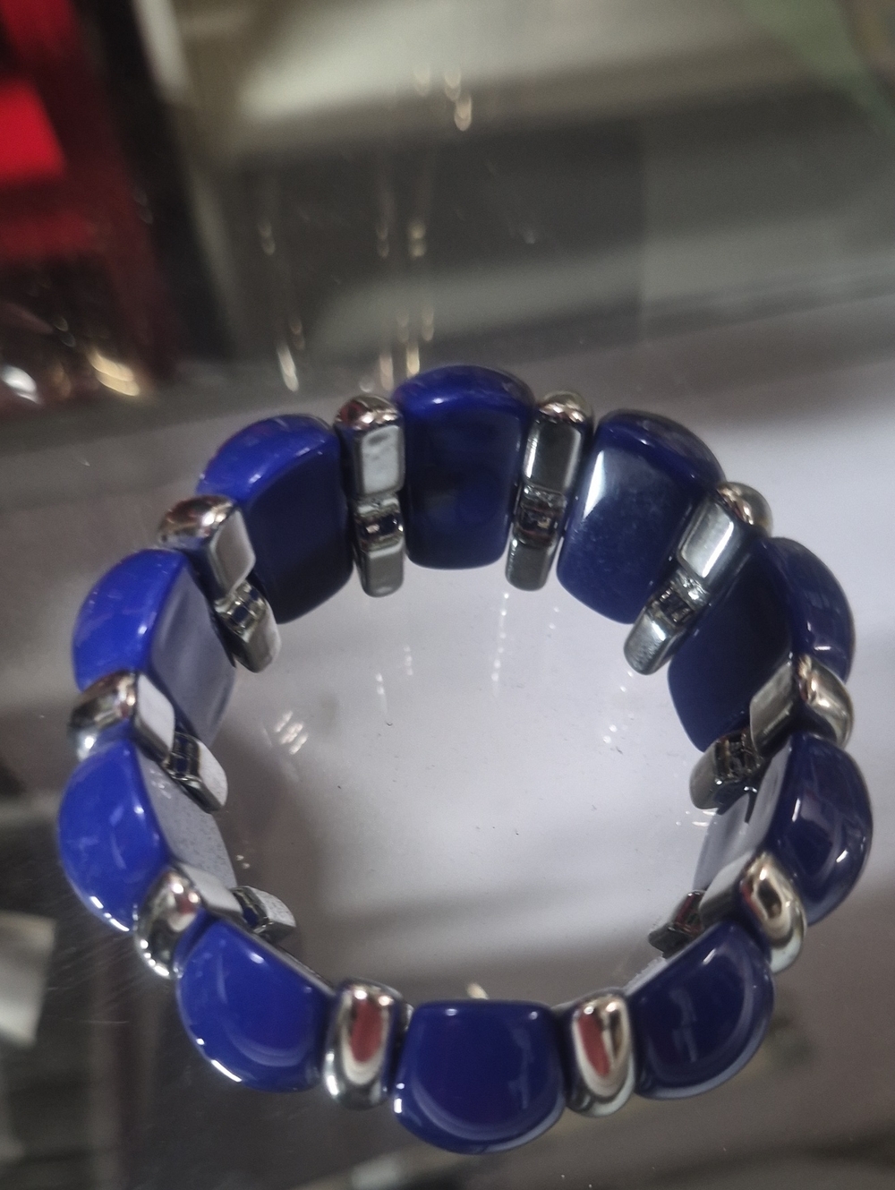 Blue Ceramic and Silver Stretch Bracelet - Women Jewelry - Picture 4 of 5